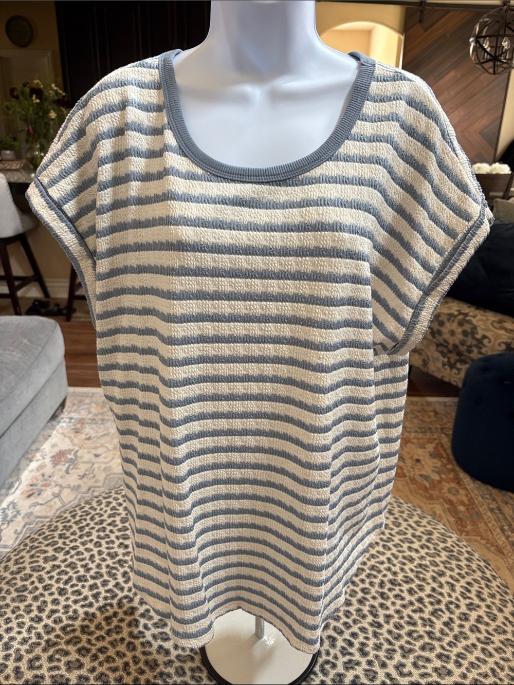 Striped Short-Sleeve Scoop Neck Blouse - Cream and Light Blue